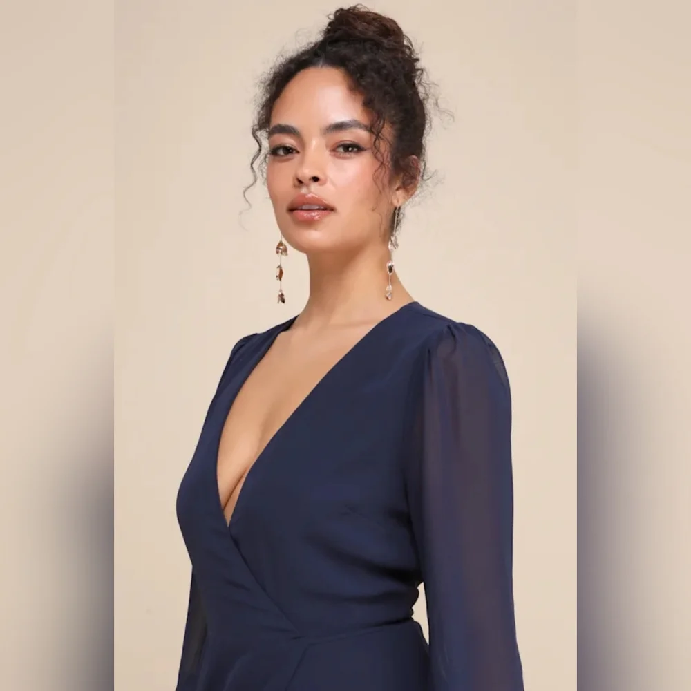NWOT Lulu's Dark Navy Blue Long Sleeve Wrap Maxi Dress Size 3X=22/24 - Picture 4 of 5